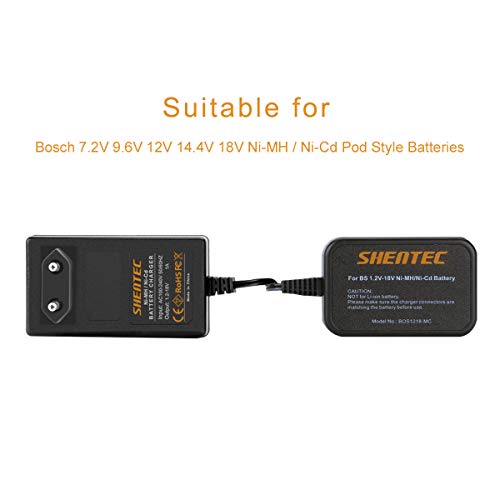 Shentec 1.2V-18V Ni-MH/Ni-CD Cargador de batería Compatible con Bosch batterie 7.2V 9.6V 12V 14.4V 18V Pod Stile BAT043 BAT045 BAT046 BAT120 BAT011 BAT038 BAT040 BAT025 BAT026 BAT160 BAT180