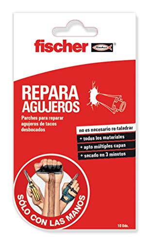 fischer SCLM - parche Repara Agujeros para tapar y reparar agujeros de tacos, desbocados y abolladuras, sin taladro y de fácil aplicación. ,10ud